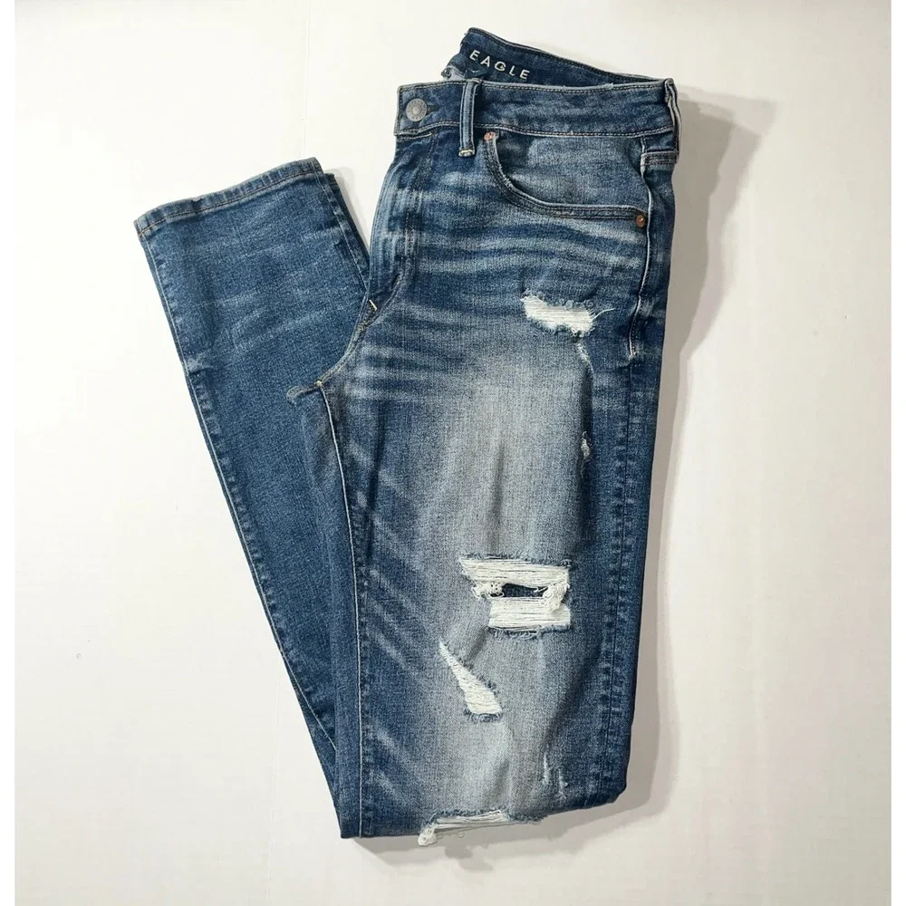 American Eagle Jeans Mens 34x36 Slim Distressed Blue Airflex+ Ripped Denim Tall
